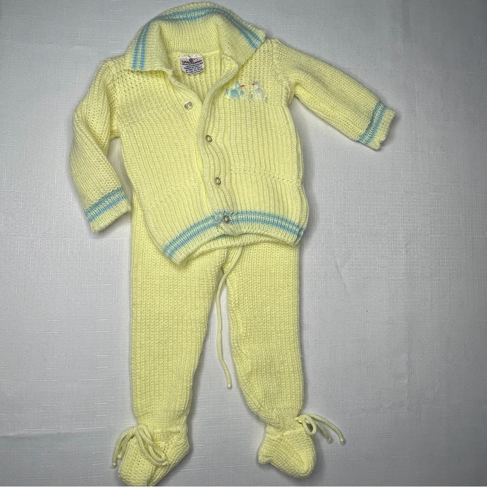 Baby vintage Knit One-Piece Set in Pale Yellow‎ with Blue Trim